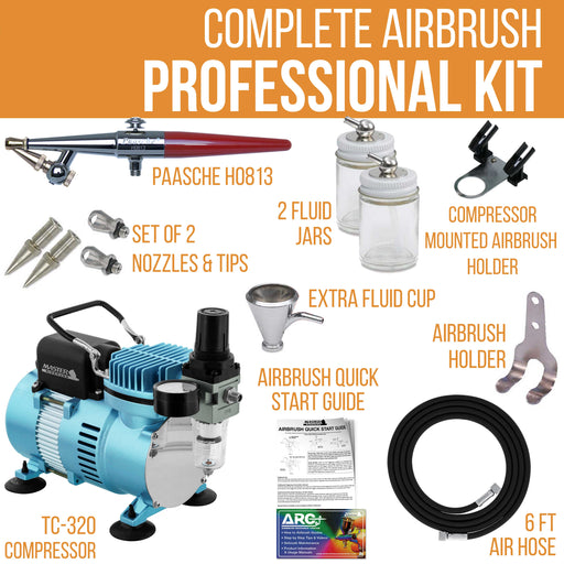 Paasche H Airbrush Set with a Cool Runner II Dual Fan Air Compressor System Kit, All 3 Head Sizes (1, 3 & 5), Hose, Holder, How-To Guide