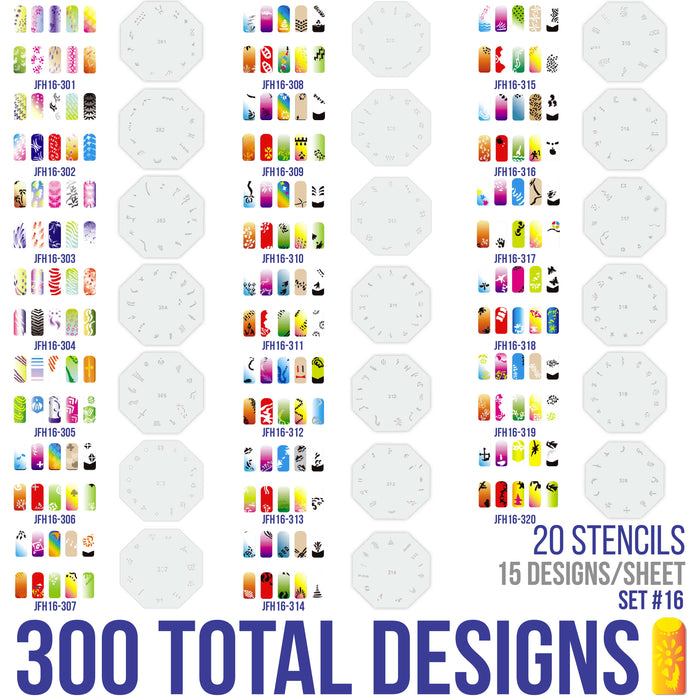 Airbrush Nail Stencils - Design Series Set # 16 Includes 20 Individual Nail Templates with 13 Designs each for a total of 260 Designs of Series #16