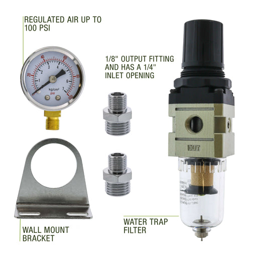 Heavy Duty True Diaphragm Mini Regulator with Gauge and Water Trap Filter, Fits Airbrush Compressors