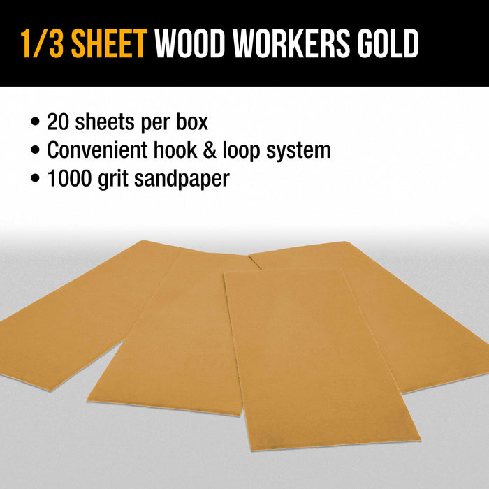 1000 Grit - 1/3 Sheet Size Wood Workers Gold, 3-2/3" x 9" with Hook & Loop Backing - Box of 20 Sheets - Jitterbug Sander