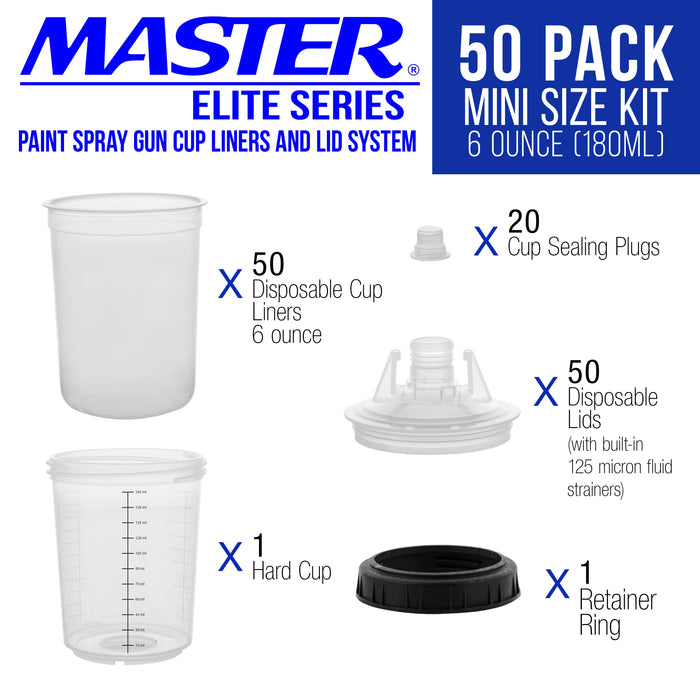 Master Paint System MPS Disposable Paint Spray Gun Cup Liners and Lid System, 50 Pack Mini Size 6 Ounce (180ml) Kit