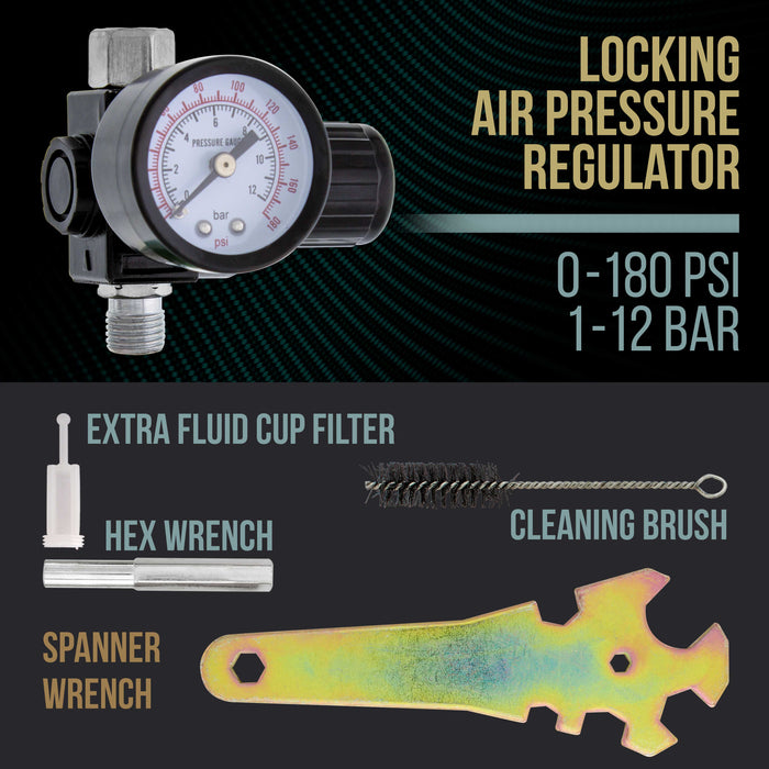 Professional HVLP Spray Gun 1.8mm - Gravity Feed Auto Paint Gun Kit for Basecoat, Clearcoat, Primer - Spray Guns Paint Sprayer with Air Compressor Regulator (G6600-13)