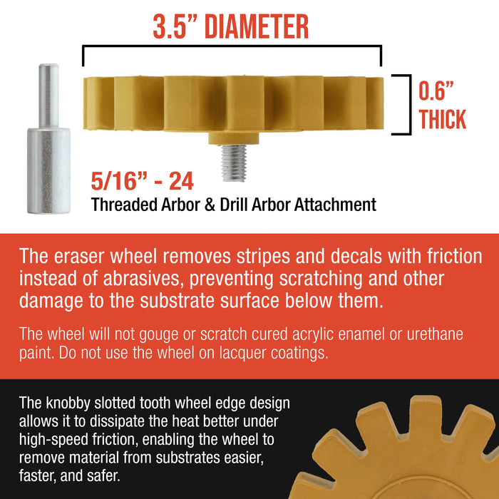 Rubber Eraser Wheel with Drill Adapter - 3.5� Knobby Slotted Edge Pad - Decal Remover Wheel - Sticker Remover Tool - Pinstripe Removal - Removes Adhesives on Car, Auto, Boat, RV & Signs
