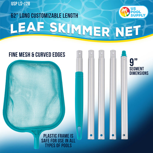 U.S. Pool Supply® Swimming Pool 5 Foot Leaf Skimmer Net with 5 Aluminum Pole Sections - Fine Mesh Netting for Fast Cleaning of Debris - 60" Long, Above & In-ground Pool
