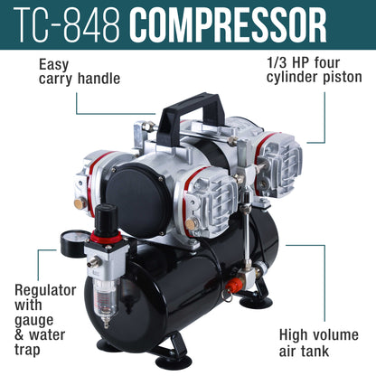 HI-FLOW All-Purpose Precision Dual-Action Siphon Feed 3 Tip Size Airbrushing System with Model 4 Cylinder Piston Air Compressor with Air Storage Tank