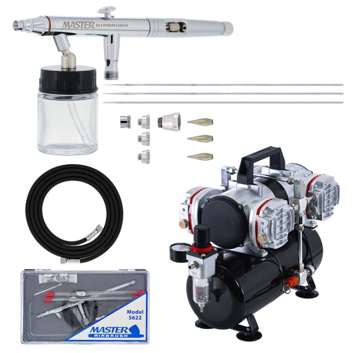 HI-FLOW All-Purpose Precision Dual-Action Siphon Feed 3 Tip Size Airbrushing System with Model 4 Cylinder Piston Air Compressor with Air Storage Tank