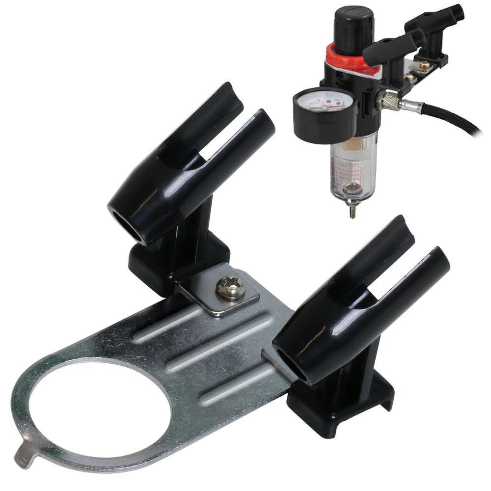 Airbrush Holder for 2 Airbrushes; Mounts onto Regulator and Water Trap Filters for Airbrush Air Compressors