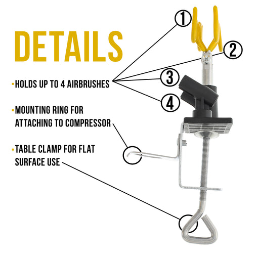 Universal Clamp-on Airbrush Holder. Holds up to 4 Airbrushes and All Brands, Master, Iwata, Paasche, Badger