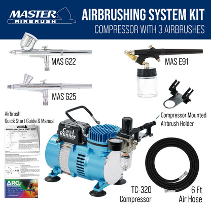 Cool Runner II Dual Fan Airbrushing System Kit - with Air Compressor & 3 Airbrushes, 0.2, 0.3 mm Gravity & 0.8 mm Siphon Feed, Holder