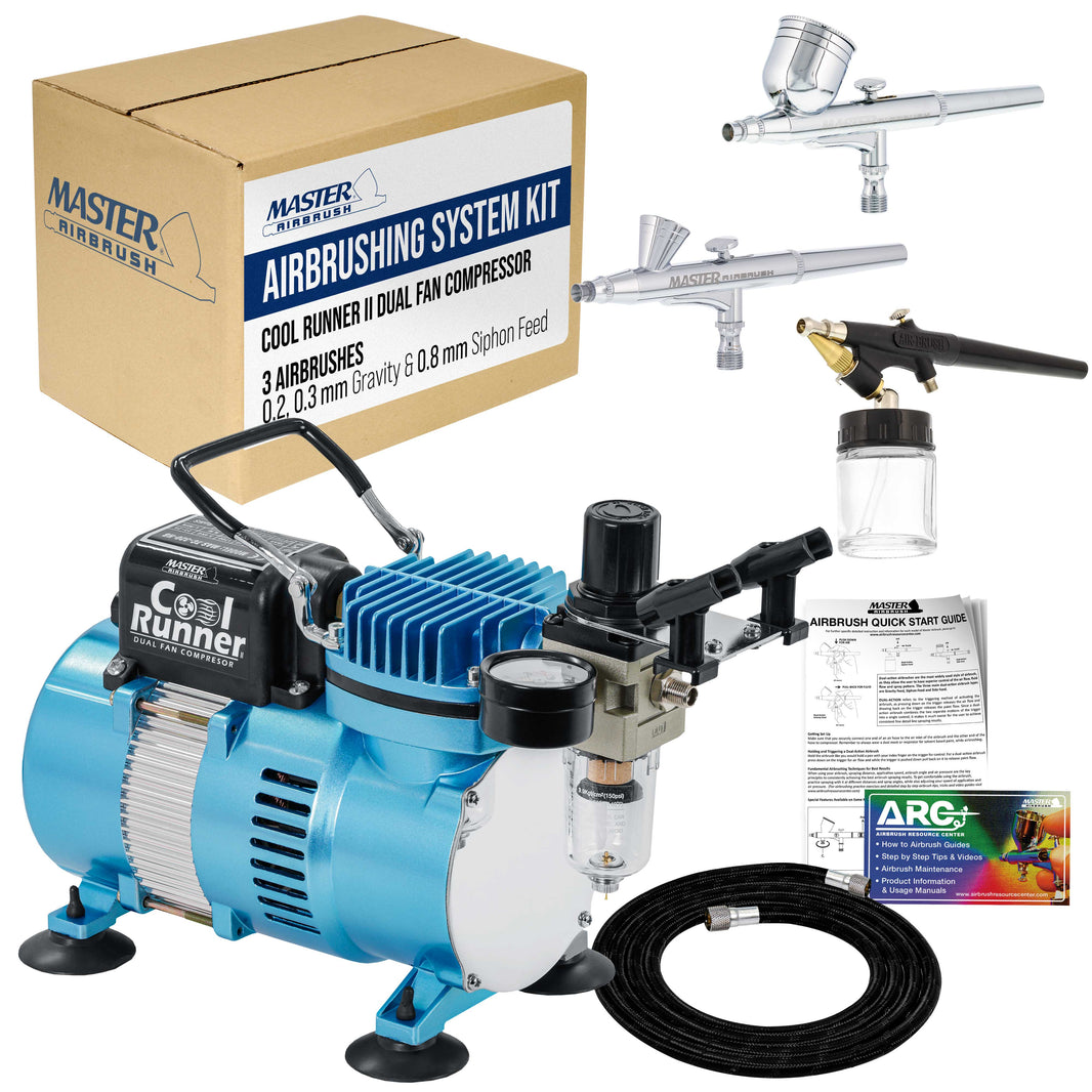 Cool Runner II Dual Fan Airbrushing System Kit - with Air Compressor & 3 Airbrushes, 0.2, 0.3 mm Gravity & 0.8 mm Siphon Feed, Holder