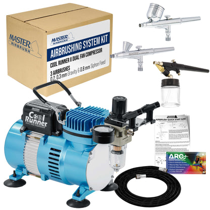 Cool Runner II Dual Fan Airbrushing System Kit - with Air Compressor & 3 Airbrushes, 0.2, 0.3 mm Gravity & 0.8 mm Siphon Feed, Holder