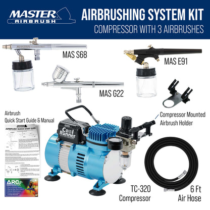 Cool Runner II Dual Fan Airbrushing System Kit - with Air Compressor & 3 Airbrushes, 0.3 mm Gravity & 0.35, 0.8 mm Siphon Feed