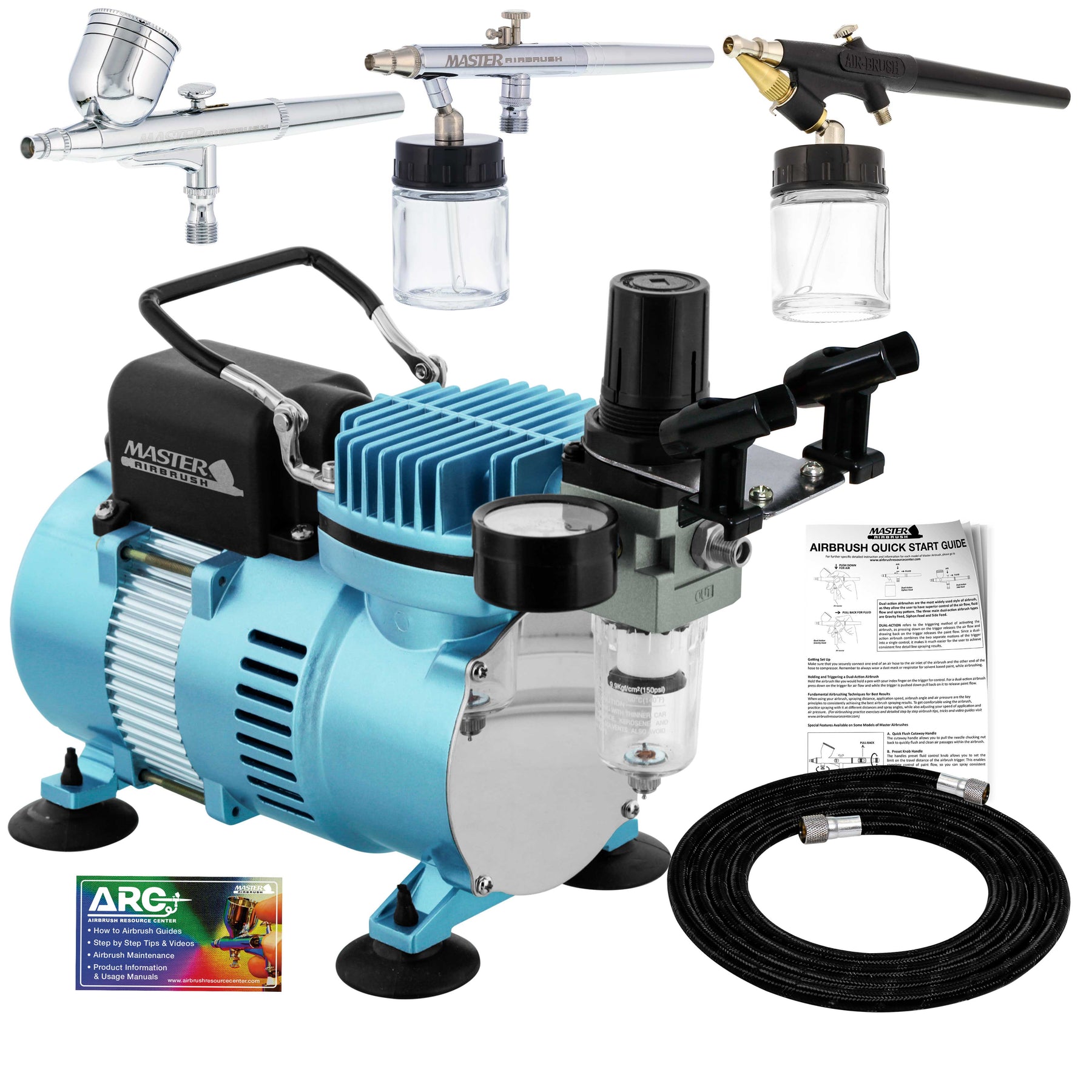 Master Airbrush Cool Runner II Dual Fan Air Compressor Professional Airbrushing System Kit with 3 Airbrush Sets, 0.3 mm Gravity