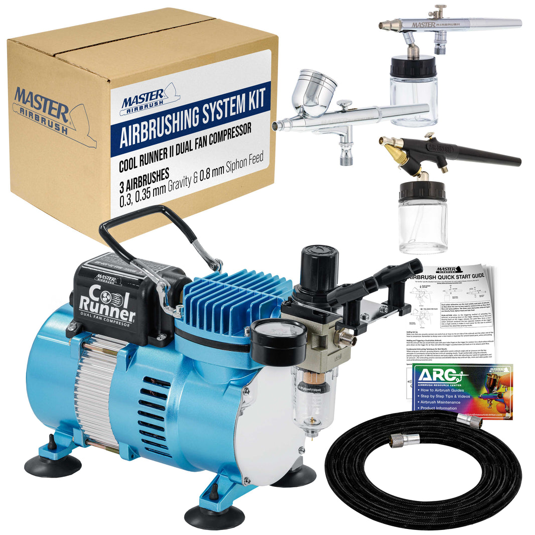 Cool Runner II Dual Fan Airbrushing System Kit - with Air Compressor & 3 Airbrushes, 0.3 mm Gravity & 0.35, 0.8 mm Siphon Feed