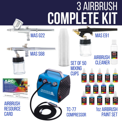 Professional 3 Airbrush Kit with High Performance Compact Airbrush Compressor, Air Hose, 12 Color Airbrush Paint Set with Cleaner & Paint Reducer