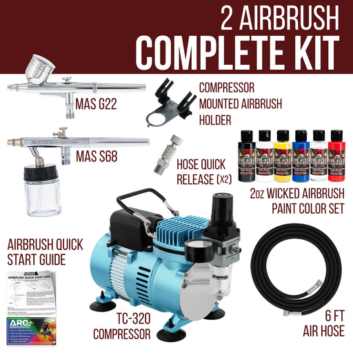 Multi-Purpose Airbrushing Kit with Cool Runner II Dual Fan Air Compressor, Air Hose & 6 Wicked Createx Colors