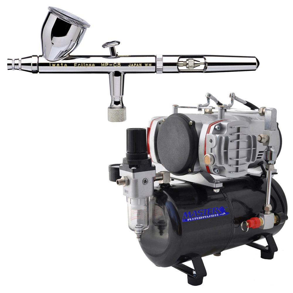 Iwata Eclipse HP-CS 4207 Dual-Action Airbrush with 0.35 mm. Tip with Twin Cylinder Piston Airbrush Air Compressor with Air Storage