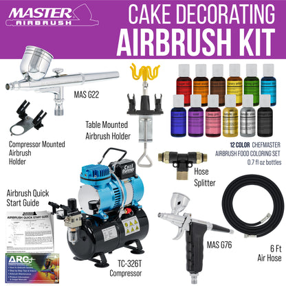 Cake Decorating Kit with G22 & G76 Airbrushes, 12-Color Chefmaster Food Coloring, Compressor with Air Tank, Holder, Guide Manual