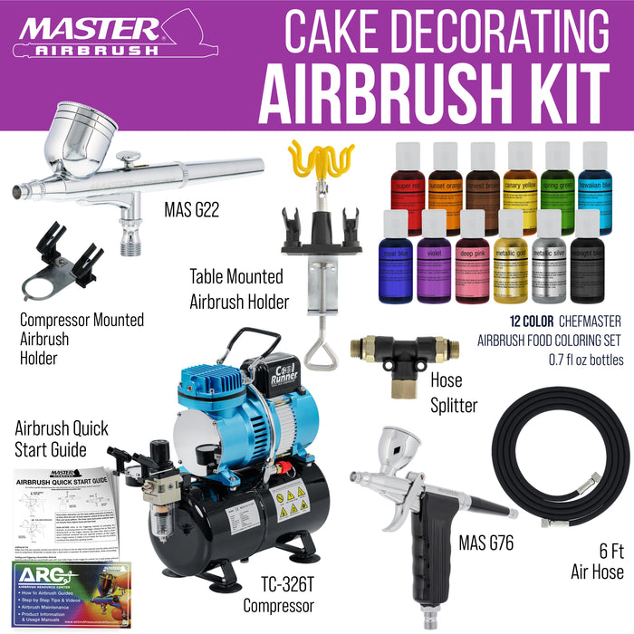 Master Airbrush Cake Decorating Kit with G22 & G76 Airbrushes, 12-Color Chefmaster Food Coloring, Compressor with Air Tank, Holder, Guide Manual - Cake Airbrush Decorating Kit for Cakes, Cookies