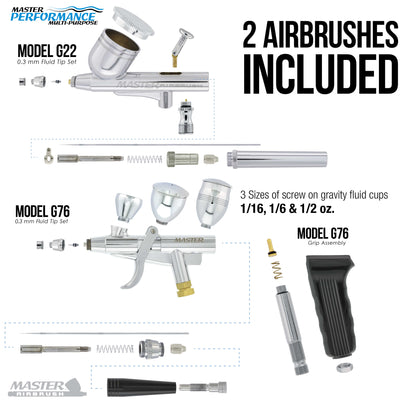 Cake Decorating Kit with G22 & G76 Airbrushes, 12-Color Chefmaster Food Coloring, Compressor with Air Tank, Holder, Guide Manual