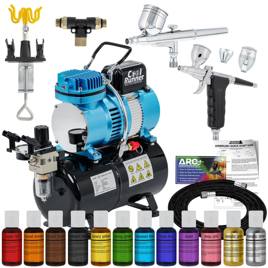 Cake Decorating Kit with G22 & G76 Airbrushes, 12-Color Chefmaster Food Coloring, Compressor with Air Tank, Holder, Guide Manual