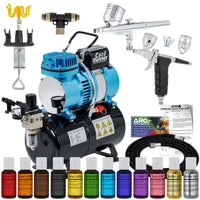 Cake Decorating Kit with G22 & G76 Airbrushes, 12-Color Chefmaster Food Coloring, Compressor with Air Tank, Holder, Guide Manual