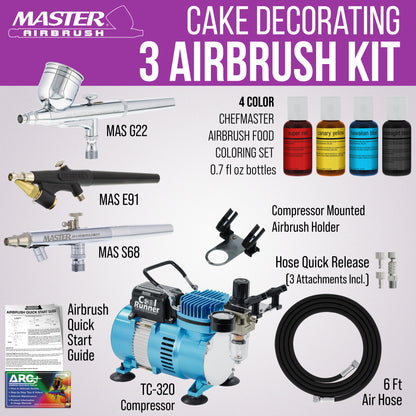 Cool Runner II Dual Fan Air Compressor Cake Decorating System Kit with 3 Airbrushes, Gravity and Siphon Feed, 4 Color Food Coloring Set - How-to Guide