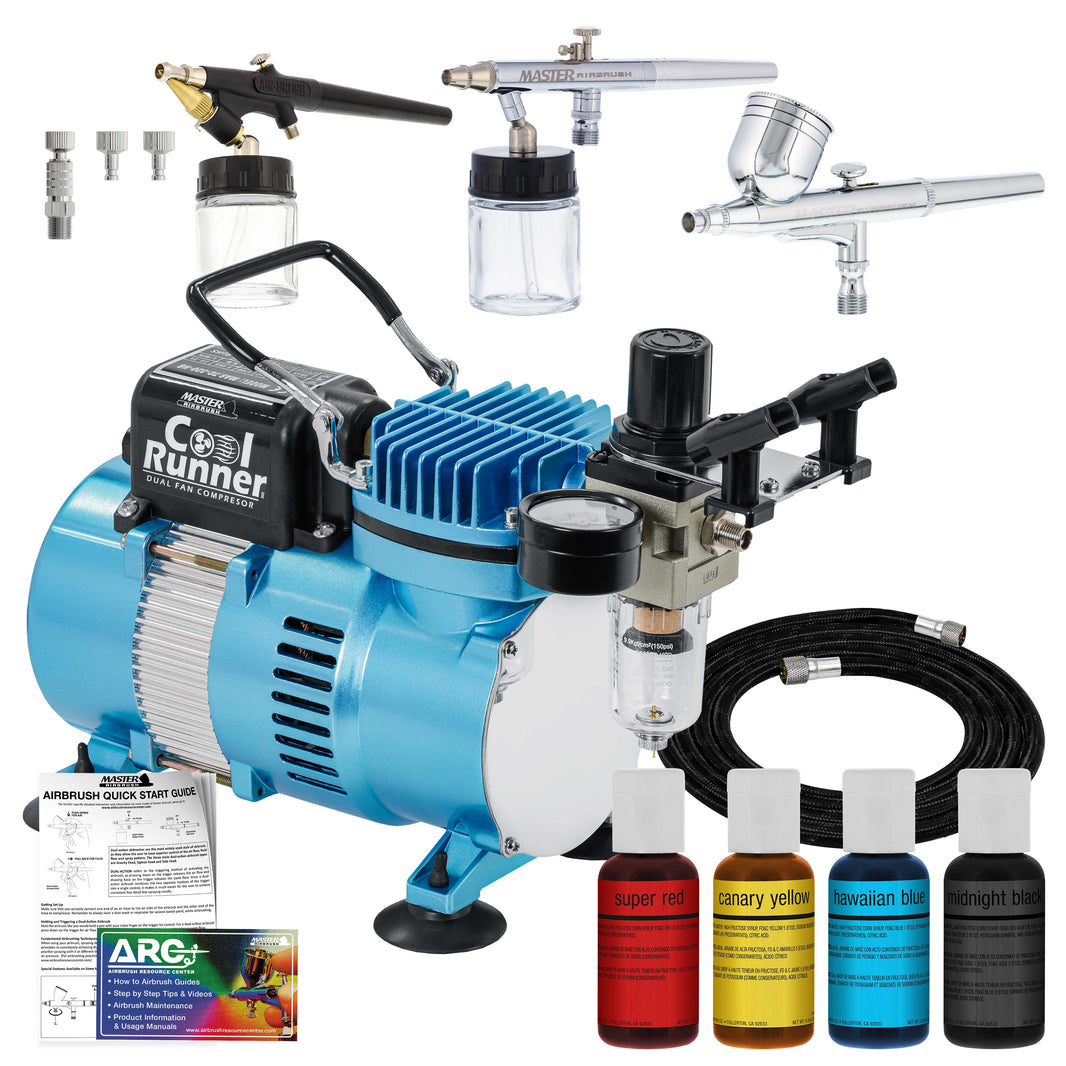 Cool Runner II Dual Fan Air Compressor Cake Decorating System Kit with 3 Airbrushes, Gravity and Siphon Feed, 4 Color Food Coloring Set - How-to Guide
