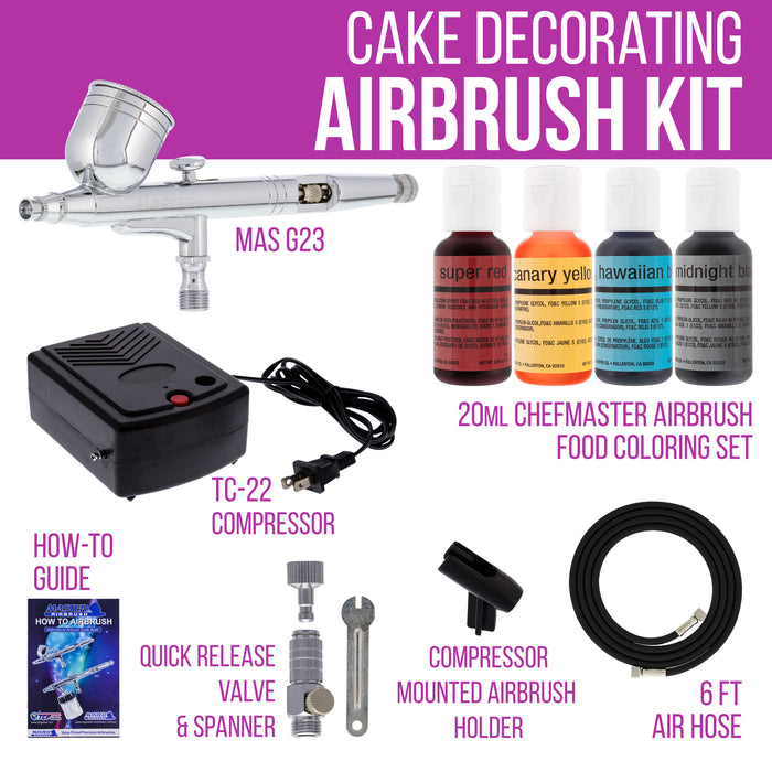 Cake Decorating Airbrushing System Kit with a Set of 4 Food Colors, Gravity Feed Dual-Action Airbrush, Air Compressor, Hose, Case and How-To Guide