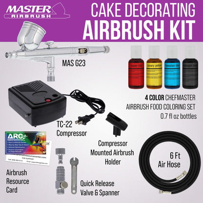 Cake Decorating Airbrushing System Kit with a Set of 4 Food Colors, Gravity Feed Dual-Action Airbrush, Air Compressor, Hose, Case and How-To Guide