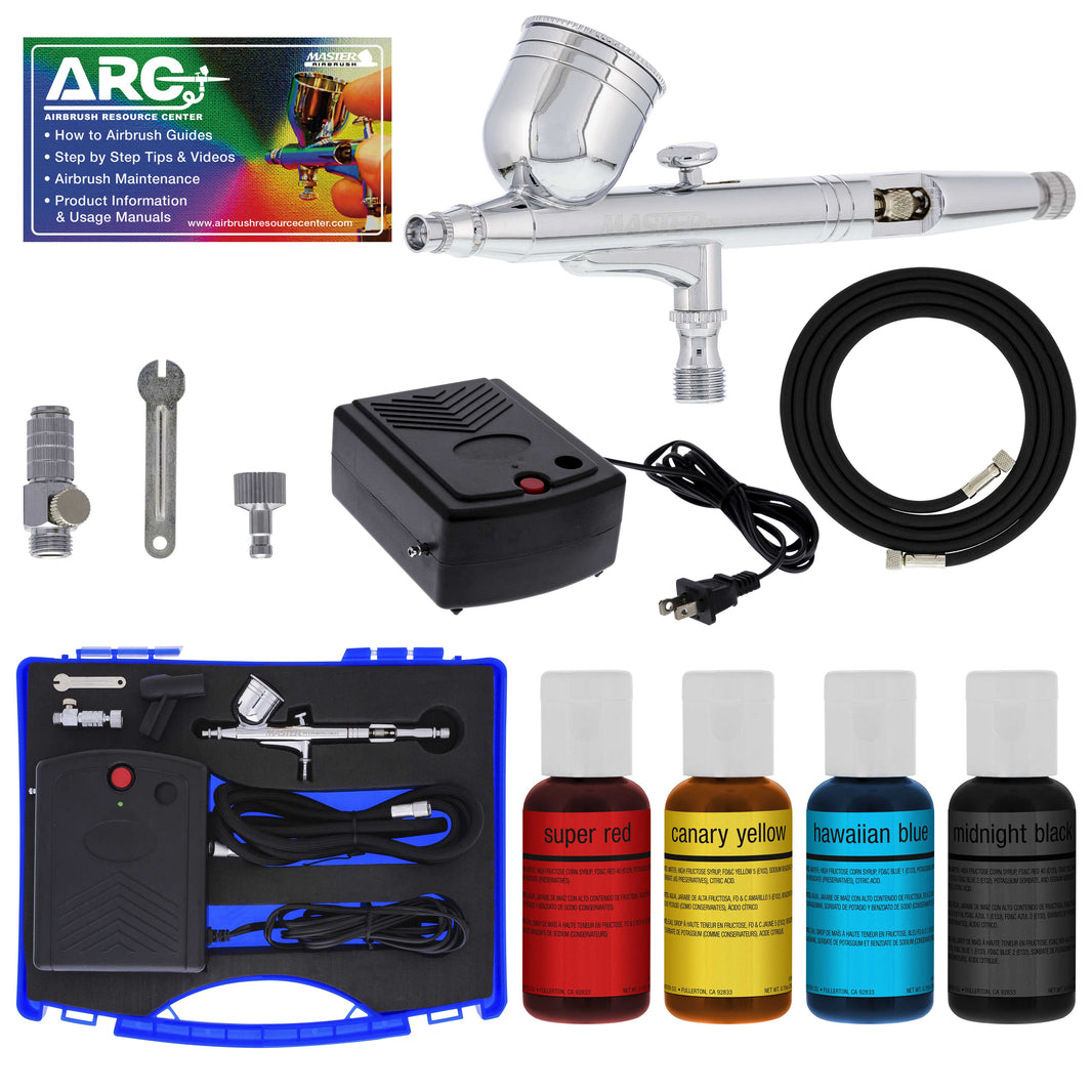Cake Decorating Airbrushing System Kit with a Set of 4 Food Colors, Gravity Feed Dual-Action Airbrush, Air Compressor, Hose, Case and How-To Guide