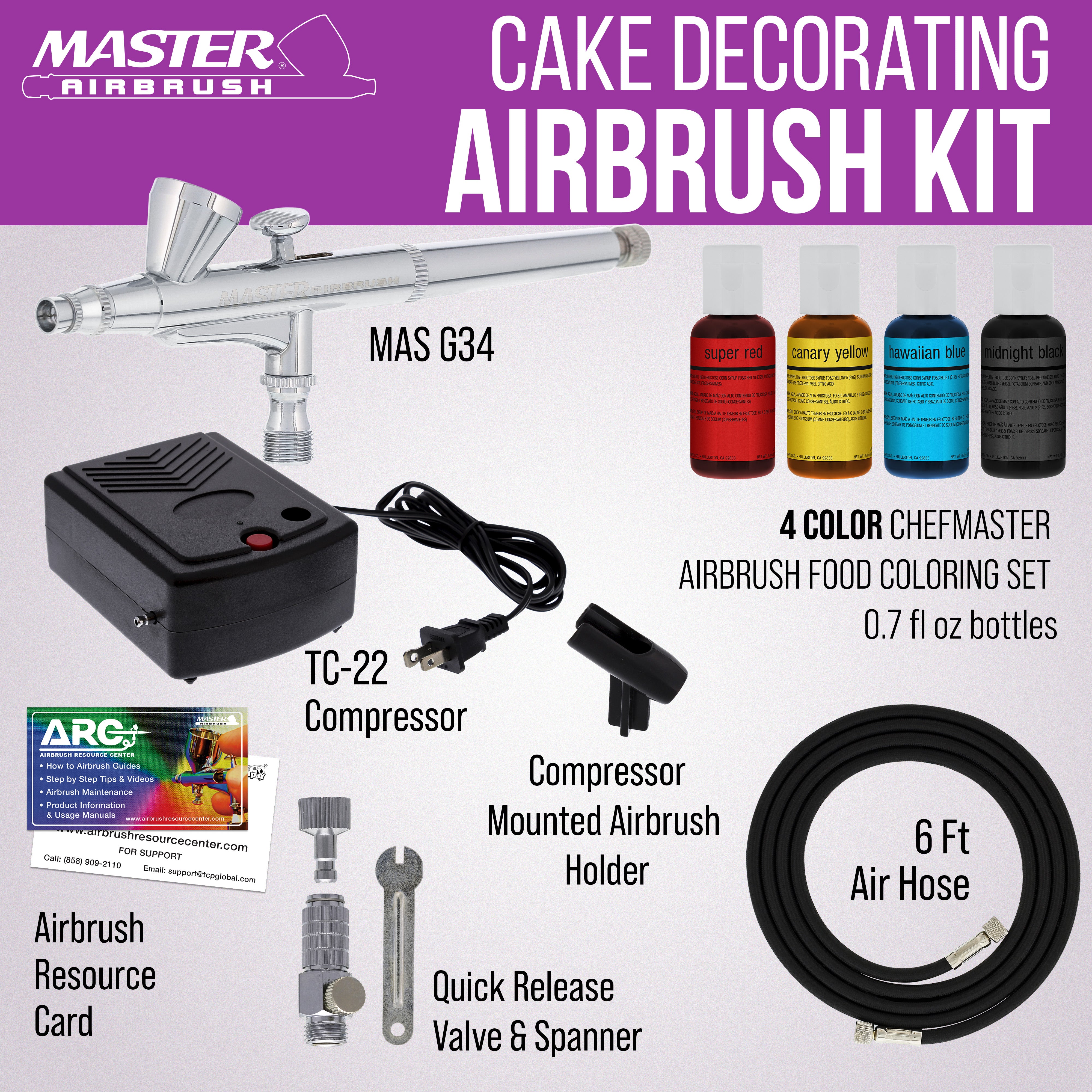 Cake Decorating Airbrushing System Kit with 4 Chefmaster Food