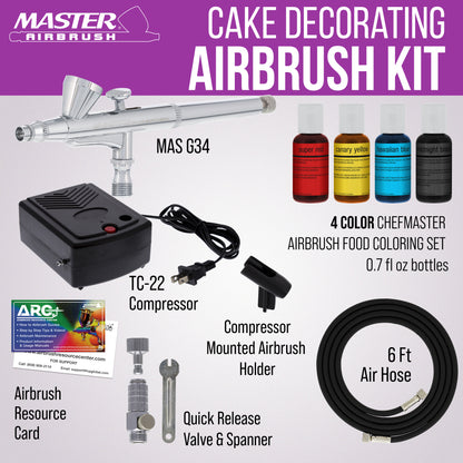 Cake Airbrush Decorating Kit with Dual-Action Air Brush (G34), Multi-Purpose Mini Air Compressor, 4 Chefmaster Food Colors, Hose, &