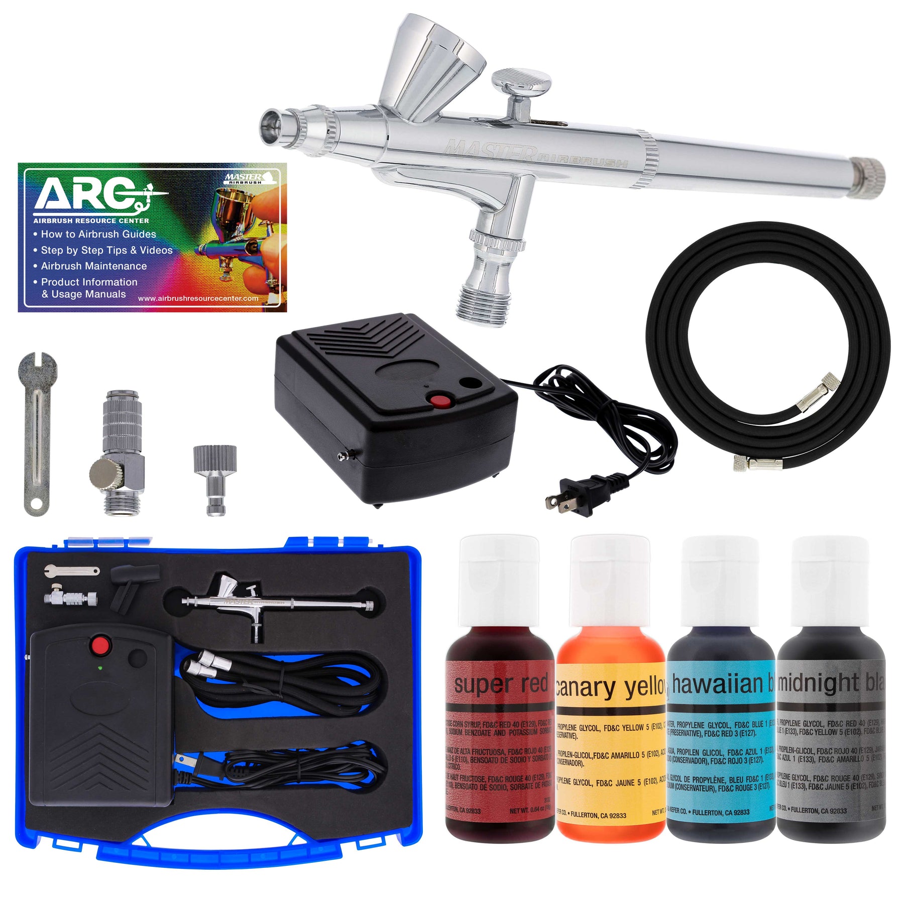 2-Airbrush Deluxe Cake Decorating Airbrush Kit with 12 .7 fl oz Chef Master  Airbrush Food Colors and Tank Compressor