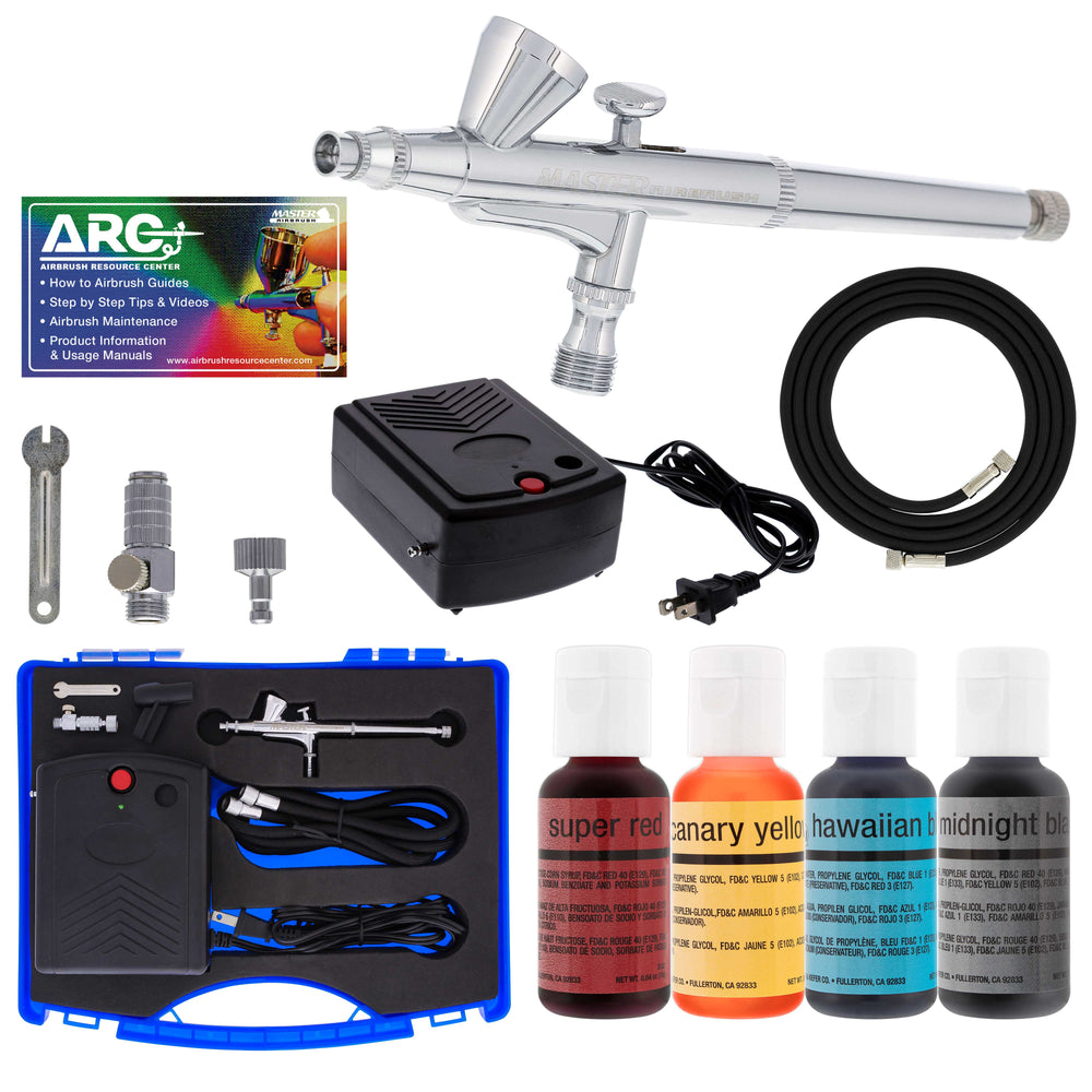 Cake Decorating Airbrushing System Kit with 4 Chefmaster Food Colors, Gravity Feed Dual-Action Airbrush, Air Compressor, Hose, How-To-Airbrush Guide