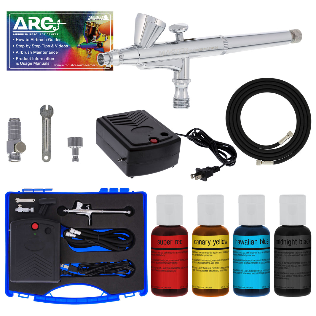 Cake Airbrush Decorating Kit with Dual-Action Air Brush (G34), Multi-Purpose Mini Air Compressor, 4 Chefmaster Food Colors, Hose, &