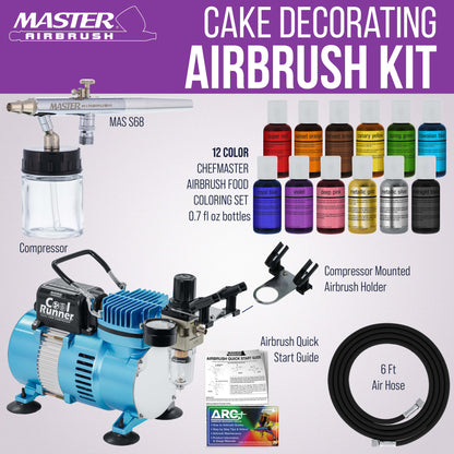 Cake Airbrush Decorating Kit with Siphon Air Brush, Cool Runner II Dual Fan Air Compressor, 12 Edible Chefmaster Food Colors, Hose