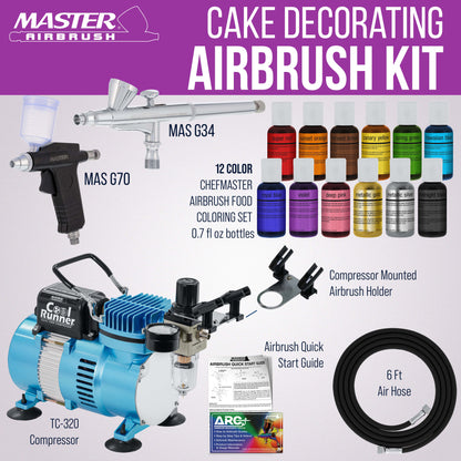 Cake Airbrush Decorating Kit with Compressor, 2 Gravity Airbrushes, and 12 Chefmaster Food Colors - Air Brush for Cake Decoration &