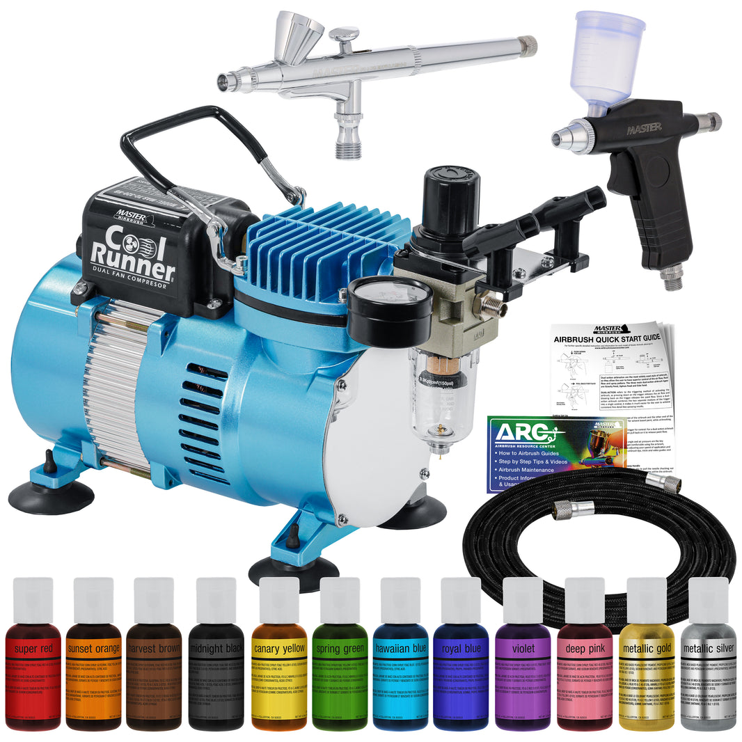 Cake Airbrush Decorating Kit with Compressor, 2 Gravity Airbrushes, and 12 Chefmaster Food Colors - Air Brush for Cake Decoration &