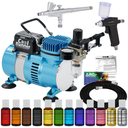 Cake Airbrush Decorating Kit with Compressor, 2 Gravity Airbrushes, and 12 Chefmaster Food Colors - Air Brush for Cake Decoration &