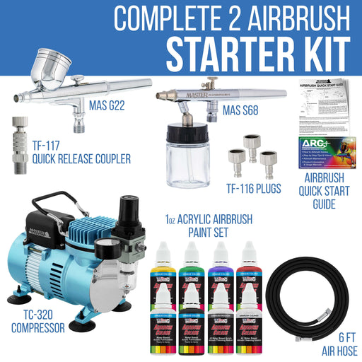 Cool Runner II Dual Fan Air Compressor Airbrushing System Kit with 2 Airbrushes - 6 Primary Colors Acrylic Paint Artist Set - How To Guide