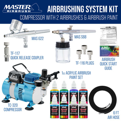 Cool Runner II with Air Compressor Dual Fan, Gravity & Siphon Feed Airbrush Set, 6 Color Acrylic Paints Primary Opaque Colors Manual