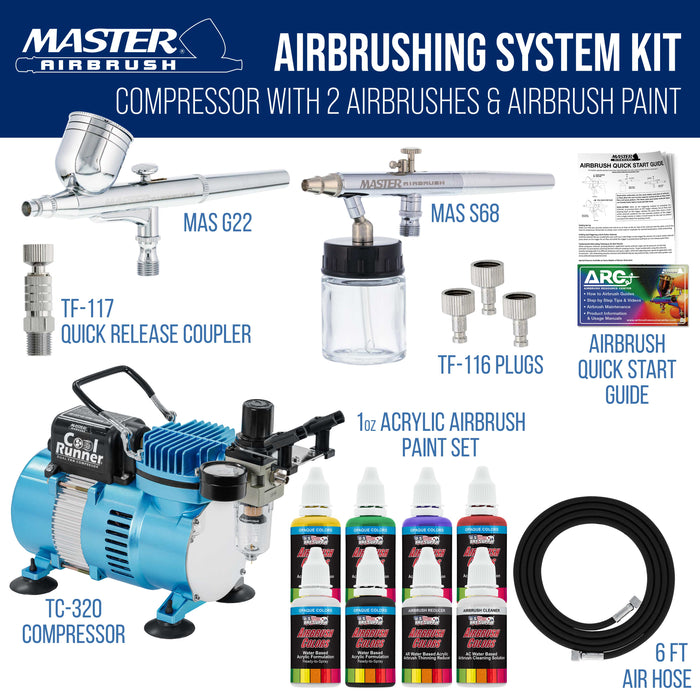 Master Airbrush Cool Runner II Air Brush Kit with Air Compressor Dual Fan, Gravity & Siphon Feed Airbrush Set, 6 Color Acrylic Paints Primary Opaque Colors, How-To Guide Manual