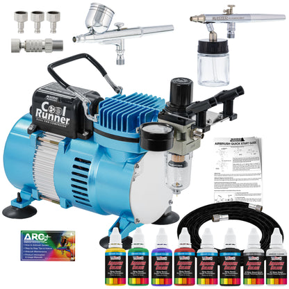 Cool Runner II with Air Compressor Dual Fan, Gravity & Siphon Feed Airbrush Set, 6 Color Acrylic Paints Primary Opaque Colors Manual