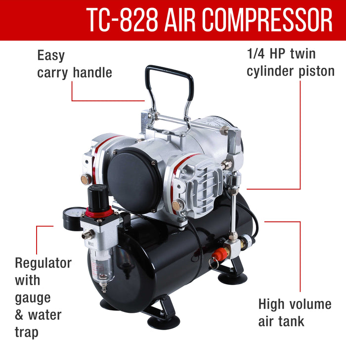 Multi-Purpose Precision Dual-Action Gravity Feed Airbrush with Model TC-828 Twin Piston Air Compressor with Air Storage Tank