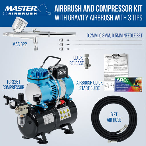 Master Airbrush Cool Runner II Dual Fan Airbrush and Compressor Kit with Gravity Air Brush with 3 Tips (0.2, 0.3 & 0.5mm Nozzle Tip), Compressor with Tank - Air Brush Kit for Beginners & Professionals
