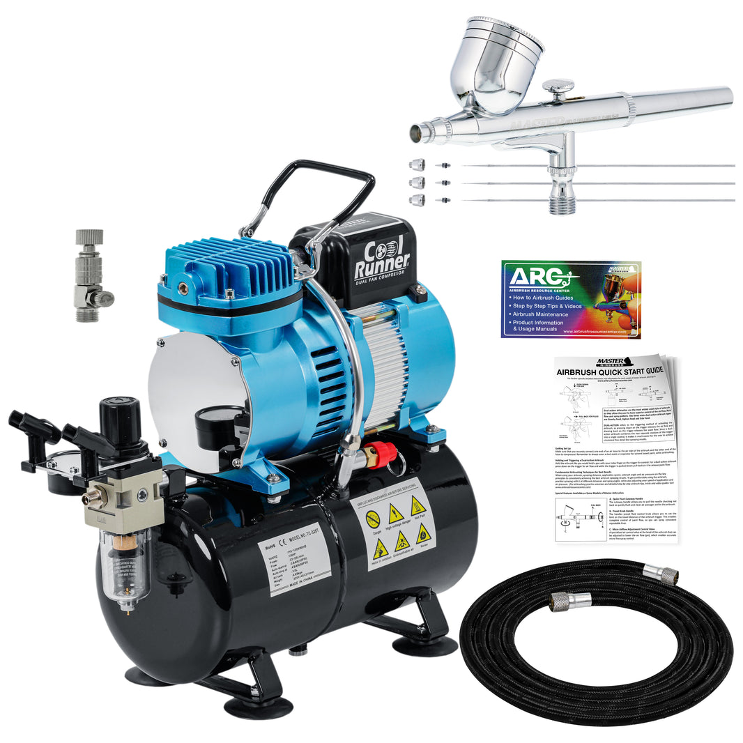 Cool Runner II Dual Fan Airbrush and Compressor Kit with Gravity Air Brush with 3 Tips (0.2, 0.3 & 0.5mm Nozzle Tip), Compressor with