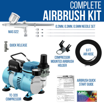 Cool Runner II Dual Fan Air Compressor System Kit with a Pro Set G222 Gravity Airbrush Kit with 3 Tips 0.2, 0.3 & 0.5 mm - Hose, Holder, How-to Guide