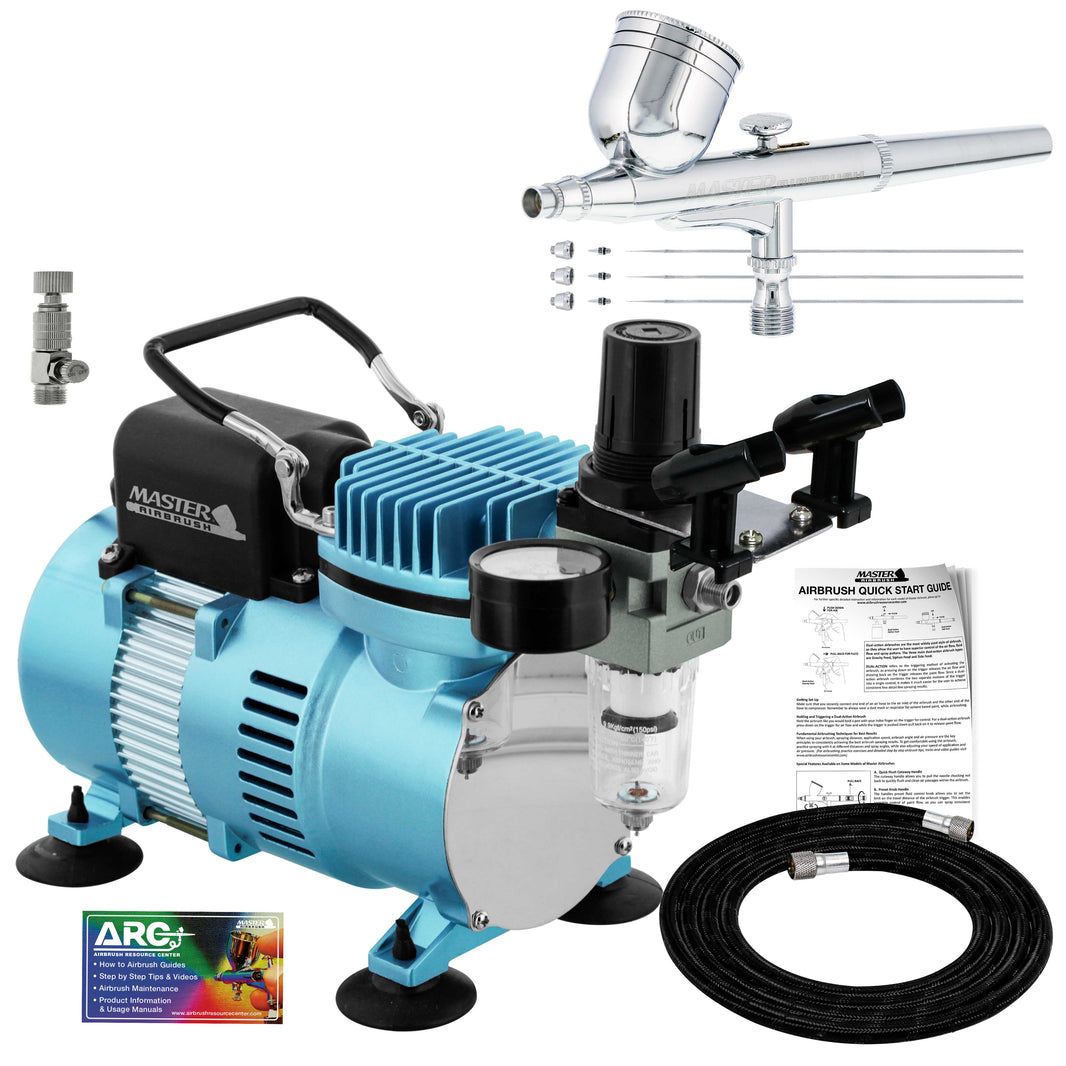 Cool Runner II Dual Fan Air Compressor System Kit with a Pro Set G222 Gravity Airbrush Kit with 3 Tips 0.2, 0.3 & 0.5 mm - Hose, Holder, How-to Guide