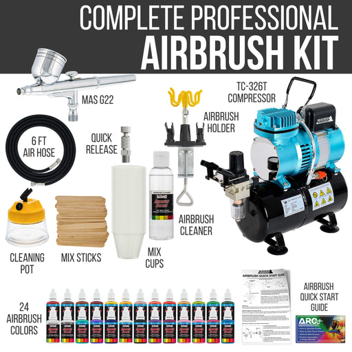 Cool Runner II Dual Fan Air Tank Compressor System Kit with Gravity Feed Airbrush, 24 Color Acrylic Paint Artist Set, Hose, Cleaning Pot, How-To Guide